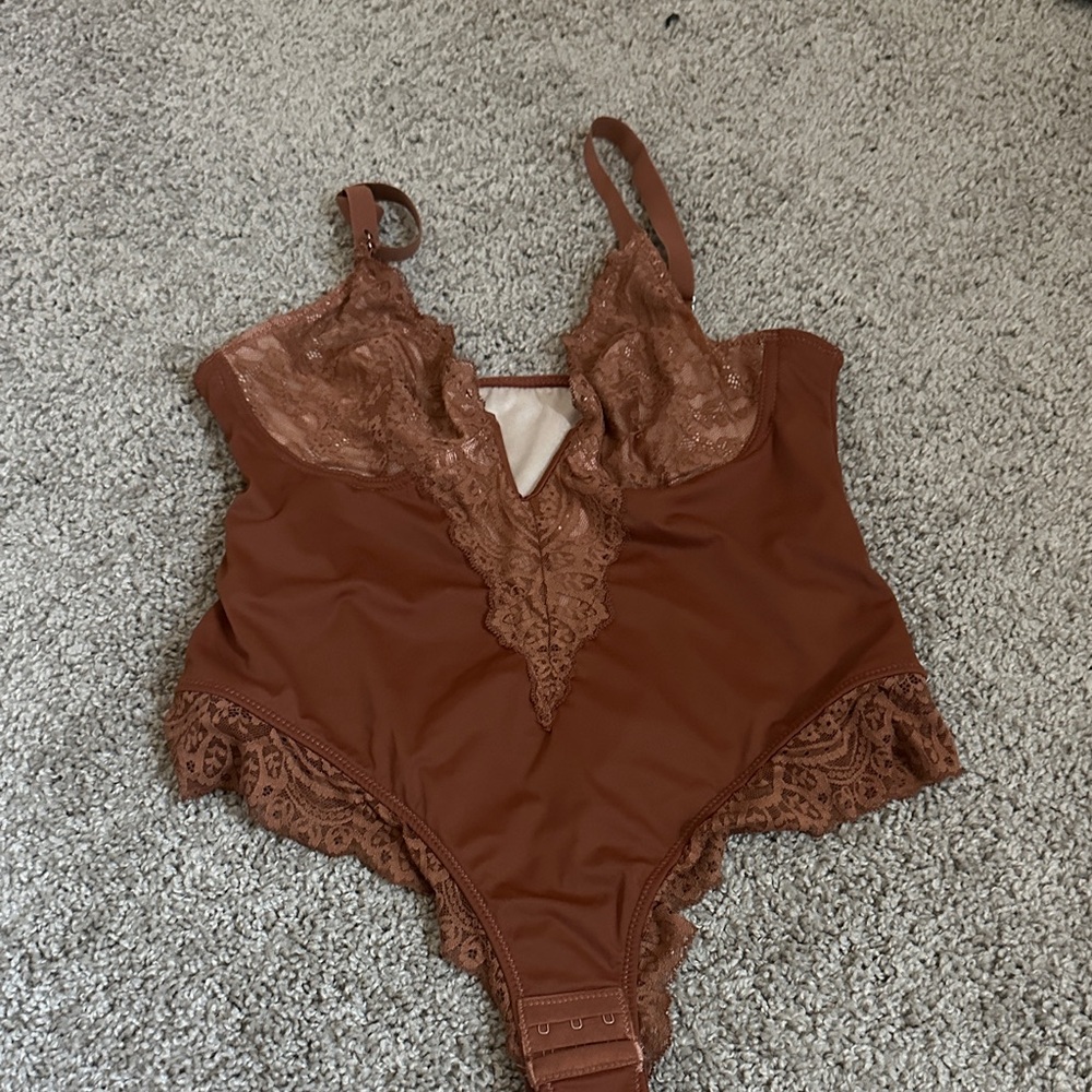 Lace Trim Bodysuit in Rust Brown - Picture 1 of 3